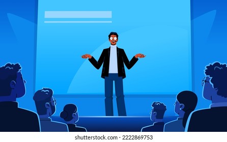 Presentation of a new product or business lecture. Man performs on stage in front of an audience in the hall. Conference or seminar. Event. Vector illustration in flat style