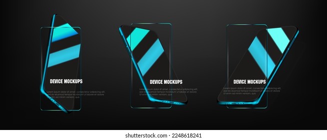 Presentation new smartphone with black screen and glare. The mobile phone is tilted from different sides on black background. Realistic 3D phone model