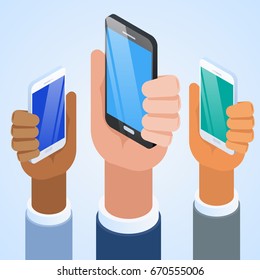Presentation of the new smartphone. Hands holding new phones. 