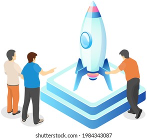 Presentation of new startup project business plan, investment research. Launch of rocket as symbol of startup. People are working on development of new business project. Teamwork with space project