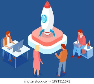 Presentation of new startup project business plan. Rocket as symbol of startup launch. People are working on development of new business project. Teamwork with space project and technologies