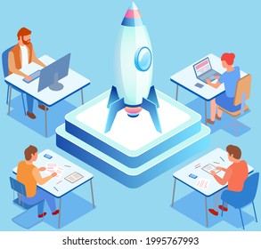 Presentation of new startup project business plan. Rocket as symbol of startup launch. People are working on development of new business project. Teamwork with space project and technologies