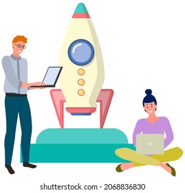 Presentation of new startup project business plan, development of investment search. Successful launch of startup. People work with digital technology to launch rocket. Rocket as symbol of new project