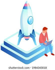 Presentation of new startup, project, investment research. Launch of rocket as symbol of startup. Man is working on development of new business project. Guy with laptop works on startup presentation