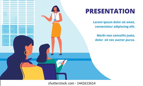 Presentation New Woman Training. Teacher in front Audience. Training for Women. Vector Illustration. Woman Holds Lecture. Business Training. Support for Business Lady. Take Note Lecture.