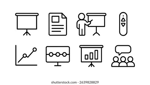 Presentation, office line icon set. business, report, graph, meeting, chart icons