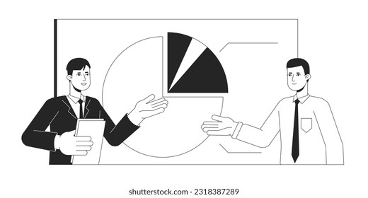 Presentation office meeting bw concept vector spot illustration. Spokesperson with colleague 2D cartoon flat line monochromatic characters for web UI design. Editable isolated outline hero image