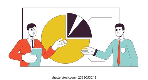 Ilustración vectorial de concepto de línea plana de la oficina de presentación. Portavoz con colega 2D de dibujos animados de personajes sobre blanco para diseño de interfaz de usuario web. Imagen editable de héroe de color aislado y colorido