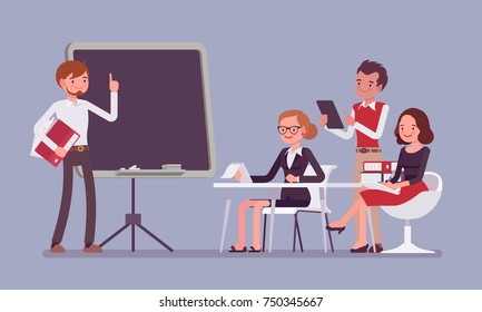 Presentation in the office. Senior management man talking about effective corporate business for young company workers. Vector flat style cartoon illustration isolated on blue background