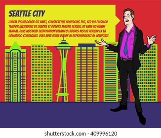 Presentation on background of city.  Businees man in the suit. Character with bubble talk. Speech presentation of business product, project, speech at conference. Conference in Seattle