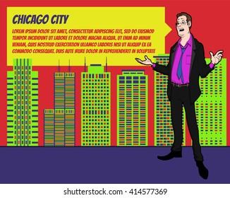 Presentation on background of city.  Businees man in the suit. Character with bubble talk. Speech presentation of business product, project, speech at conference. Conference in Chicago