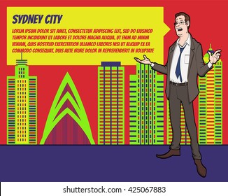 Presentation on background of city.  Businees man in the suit. Character with bubble talk. Speech presentation of business product, project, speech at conference. Conference in Sydney