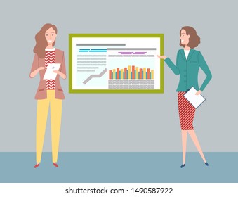 Presentación a bordo del Vector, mujeres con informe explicando infografías e infografías, diagramas de flujo con elemento de conexión, proyecto empresarial