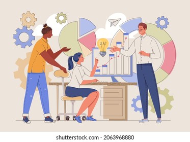 Presentation on computer in  office to colleagues, partners or clients. Building up analyzing project financial report and successful business development. vector flat illustration. people characters.