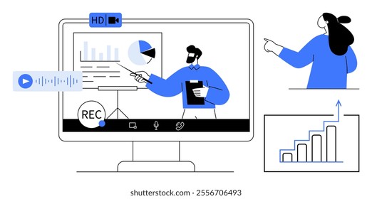 Presentation on a computer screen with a recording icon, charts, a person holding a clipboard, and another person pointing. Ideal for online education, virtual meetings, webinars, data analysis