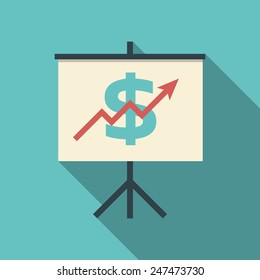 presentation on flip chart with dollar sign and growing graph in modern flat design. Simple style cartoon for presentations. Eps10 vector illustration