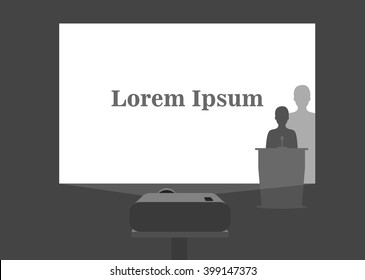 Presentation on the projector vector illustration. Silhouette illustration of man figure giving a speech on stage with blank big screen as the background