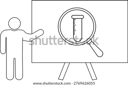 Presentation on tripod with enlarged test tube by a presenter with arm raised