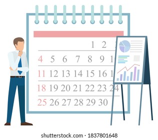 Präsentation auf Whiteboard mit Diagrammen und Infovektor, Kalender mit Daten. Zeitmanagement und Organisation des Arbeitsablaufs, Geschäftsmann im Stile