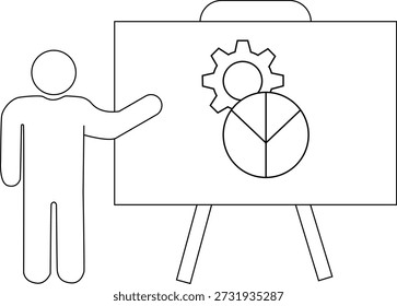 Presentation on whiteboard person pointing at pie chart and gear icon