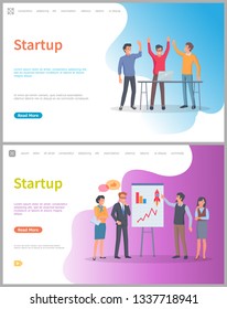 Presentation on whiteboard, startup ideas on board vector. Achieving success, partners at conference, men giving high five, digital development. Website or webpage template, landing page flat style
