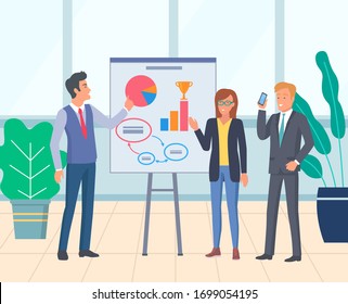 Presentation on whiteboard vector, person giving tips for partners. Showing startup ideas and results of project workflow, people with notes flat style