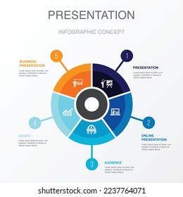 presentation, online presentation, audience, graph, business presentation, icons Infographic design template. Creative concept with 5 steps