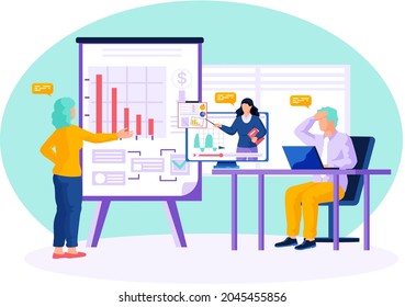 Presentation, online lecture of decreasing profit. Bankruptcy, declining indicators of income, business failure. Colleagues analyze data, statistics. Online project planning, business development