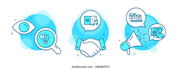 Presentation, Online survey and Time management line icons set. Handshake deal, research and promotion complex icons. Music book sign. Education board, Quiz test, Idea lightbulb. Musical note. Vector