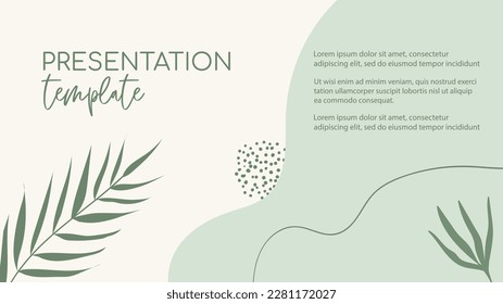 Presentation organic green template. Natural floral green minimal vector background with organic shapes and palm leaf