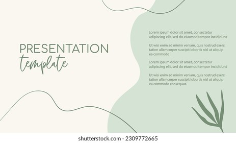 Presentation organic green template. Natural floral green minimal vector abstract background with organic shapes, lines and text