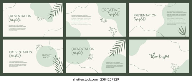 Presentation organic green templates. Natural floral green minimal vector backgrounds with organic shapes, palm leaves and text