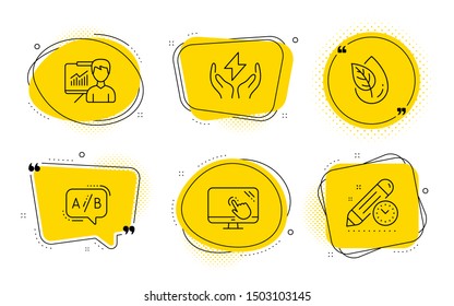 Presentation, Organic product and Project deadline signs. Chat bubbles. Safe energy, Touch screen and Ab testing line icons set. Thunderbolt, Web support, Test chat. Education board. Vector
