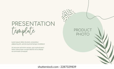 Presentation organic vector template. Natural floral green minimal background with organic shapes and palm leaf and text