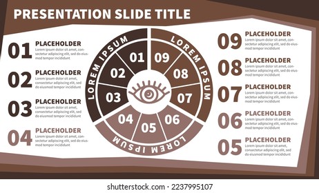Presentation page 16:9 with round infographics in brown monochrome colors. Simple minimal modern vector slide template
