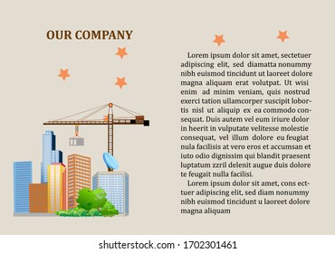 Presentation page of the construction company. Vector illustration A4 format, isolated on nice colorful background.