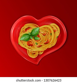 Presentation of pasta. Spaghetti on a red heart-shaped plate with red cherry tomatoes and green basil leaves. 3d realistic vector illustration isolated on red background.