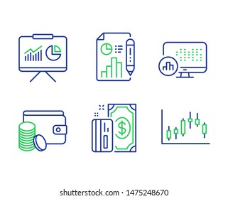 Presentation, Payment and Report statistics line icons set. Payment method, Report document and Candlestick graph signs. Board with charts, Cash money, Graph chart. Wallet with coins. Vector