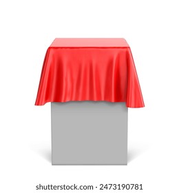 Presentación pedestal cubierto con un paño de seda blanca sobre un fondo rojo. Ilustración vectorial
