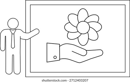 Una presentación con una persona haciendo un gesto hacia un dibujo de una mano que ofrece una flor