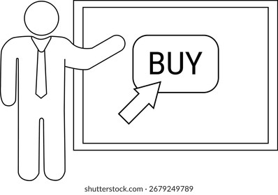apresentação ícone de pessoa e botão comprar ícone com fundo branco.com linhas pretas
