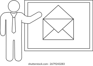 Icono de la persona de la presentación e icono abierto del sobre con el fondo blanco. Con las líneas negras