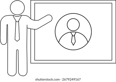 presentation person icon and person wearing tie icon with white background.with black lines