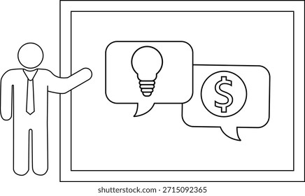 Präsentation mit Person, die auf Idee Dollarzeichen in Sprechblasen auf einem Bildschirm zeigt