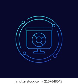 Presentation with a pie chart icon, linear design