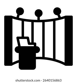 Presentation with podium and laptop solid icon, exhibition concept. Vector graphics. Product promotion stand sign on white background, style mobile or design