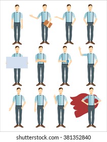 Presentation poses. Set of  young people in flat style.