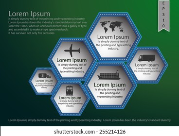 Presentation, poster, Brochure, fl yer, info graphic design template with flat icon of world map,truck,air plane,vessel or ship,train and money for shipping business.