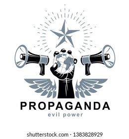 Presentation poster composed with loudspeakers, raised arm holds Earth globe, vector illustration. Propaganda as the means of global manipulation and control.