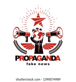 Presentation poster composed with loudspeakers, raised arm holds Earth globe, vector illustration. Propaganda as the means of global manipulation and control.